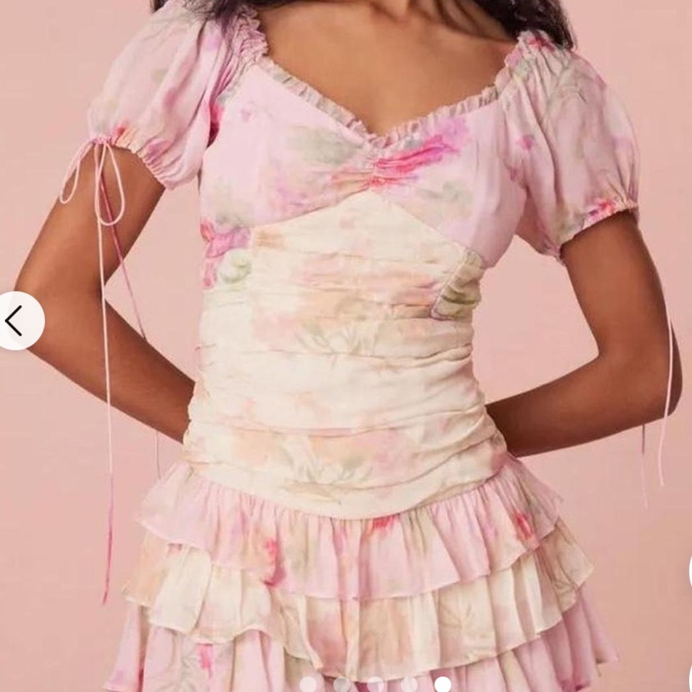 LoveShackFancy Jupe Floral-print Chiffon Mini Dress Pink And White